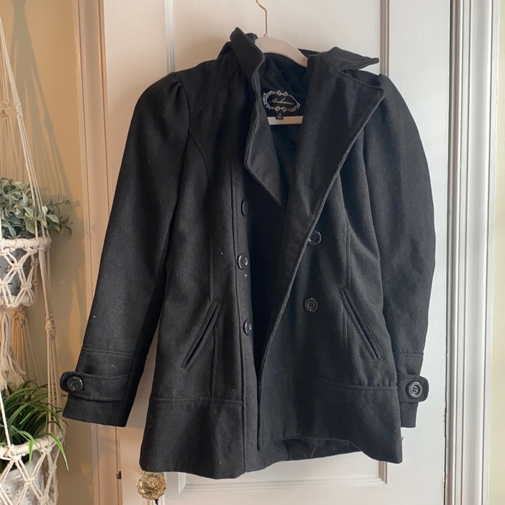 Ambiance Black Wool Trench Pea Coat Size Small